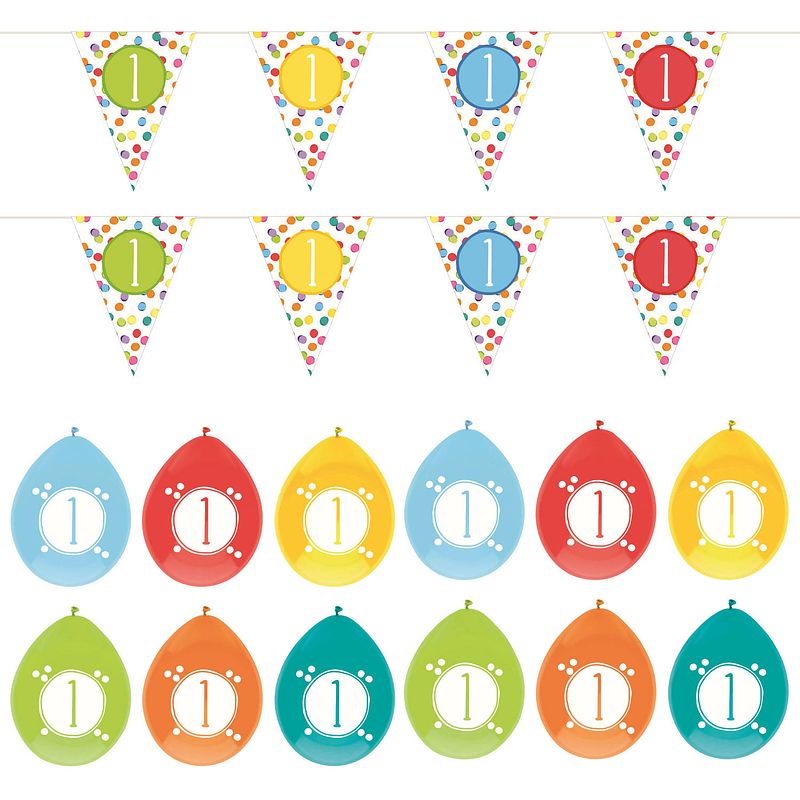 Foto van Leeftijd verjaardag 1 jaar geworden feestpakket vlaggetjes/ballonnen - feestpakketten