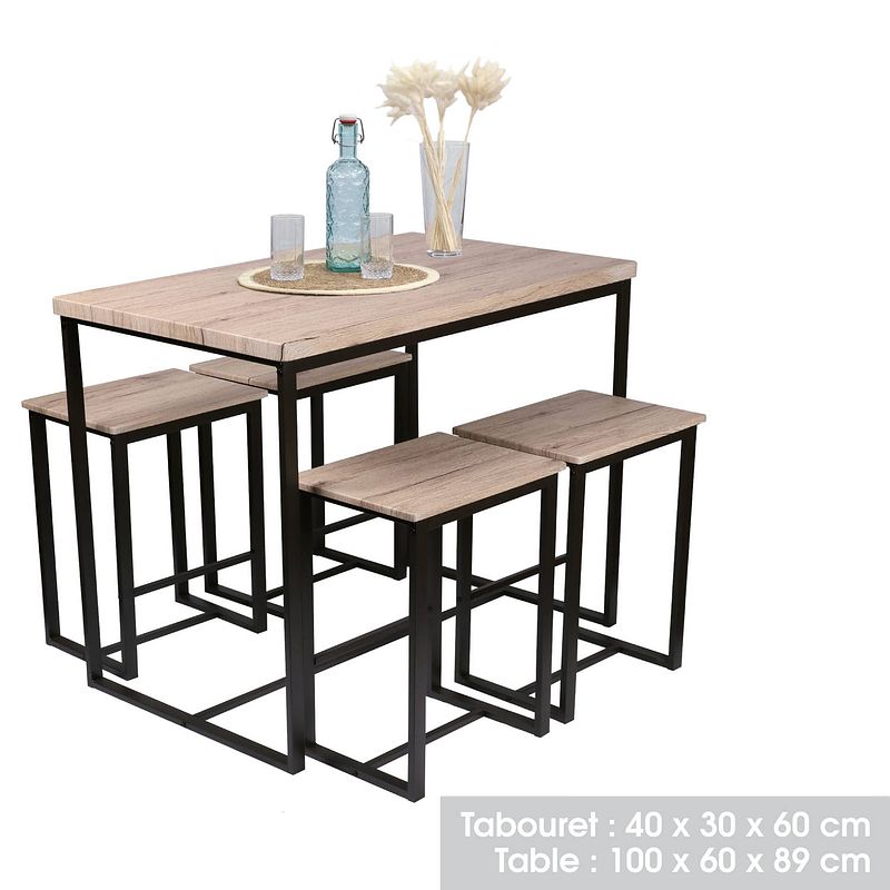 Foto van Gebor - hoge tafel - bartafel - barstoelen - barkrukken - industrieel - set - hout - zwart - metaal - stoer