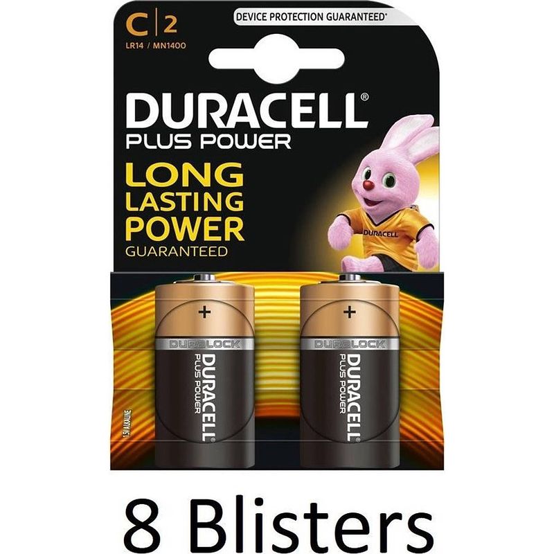 Foto van 16 stuks (8 blisters a 2 st) duracell plus power c batterijen