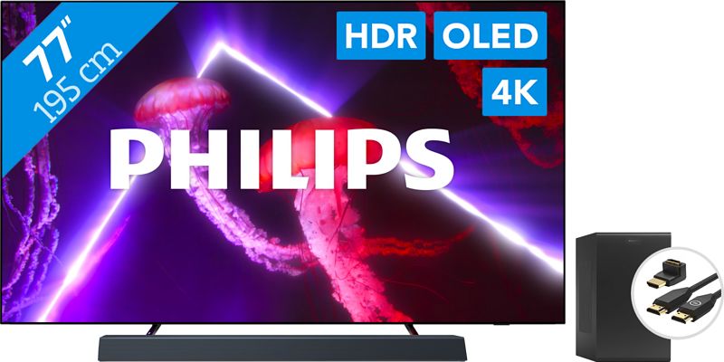 Foto van Philips 77oled807 - ambilight (2022) + soundbar + hdmi kabel