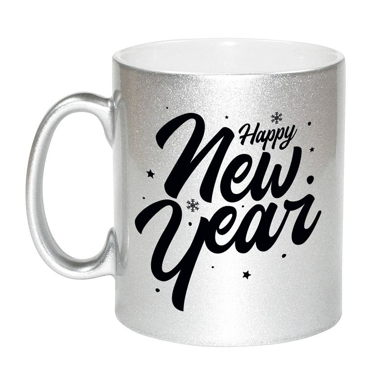 Foto van Set van 2x stuks happy new year cadeau zilveren mokken 330 ml - bekers