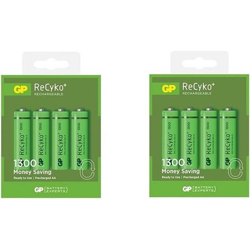 Foto van 8 stuks (2 blisters a 4st) - gp recyco+ aa / mignon / hr6 / lr6 1300mah oplaadbare batterijen - 1300 series