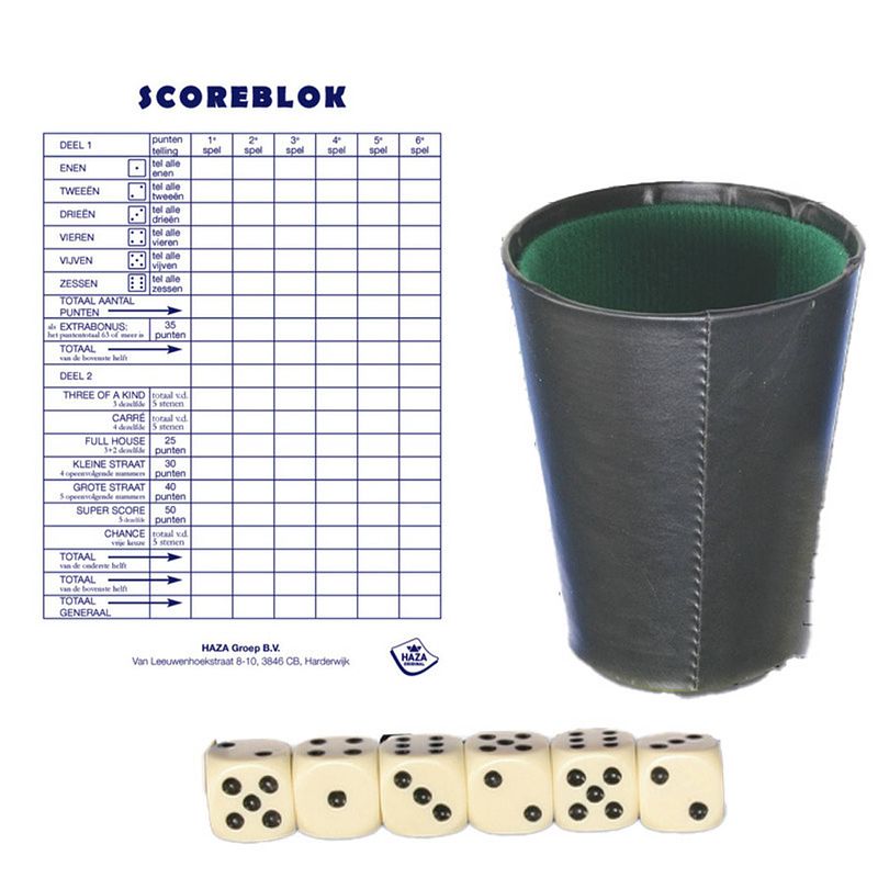 Foto van Dobbelspel met beker - incl 6x dobbelstenen en 2x scoreblok - speelset - dobbelspellen