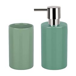 Foto van Spirella badkamer accessoires set - zeeppompje/beker - porselein - groen - badkameraccessoireset