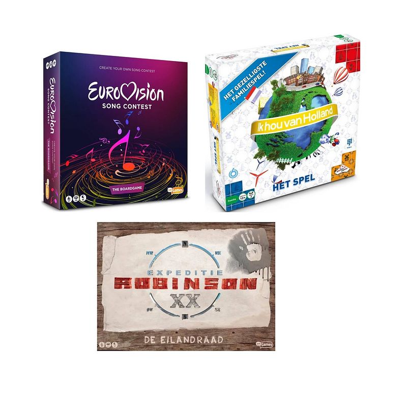 Foto van Spellenset - 3 stuks - eurovisie songfestival spel & ik hou van holland bordspel & expeditie robinson de eilandraad