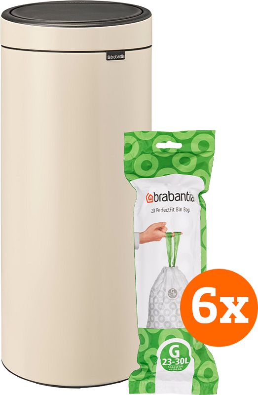 Foto van Brabantia touch bin 30 liter soft beige + vuilniszakken (120)