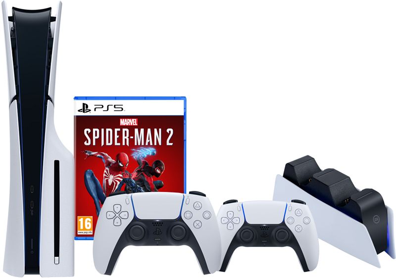 Foto van Playstation 5 slim disc edition + spider-man 2 + extra controller wit + oplaadstation