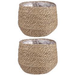 Foto van 2x stuks naturel beige rotan planten pot mand van gedraaid jute/riet h19 en d22 cm - plantenpotten