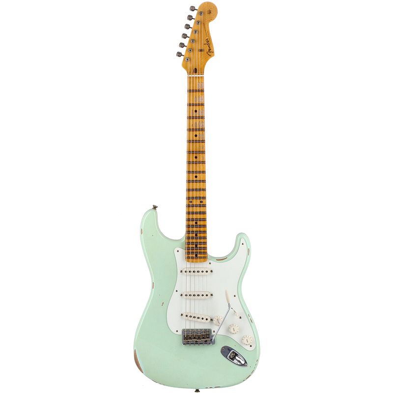 Foto van Fender custom shop time machine 's58 strat relic mn super faded aged surf green met deluxe koffer en coa