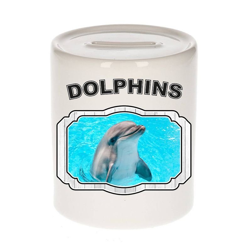 Foto van Dieren dolfijn spaarpot - dolphins/ dolfijnen spaarpotten kinderen 9 cm - spaarpotten