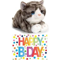 Foto van Cadeau setje pluche grijze kat/poes knuffel 32 cm met happy birthday wenskaart - knuffel huisdieren