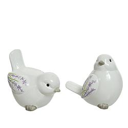 Foto van Set van 2x stuks decoratie dieren beelden vogels wit met lavendel bloemen 9 cm - tuinbeelden