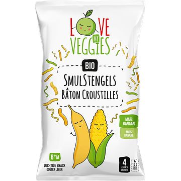 Foto van Love my veggies bio smulstengels mais banaan 6+ m 4 zakjes 60g bij jumbo