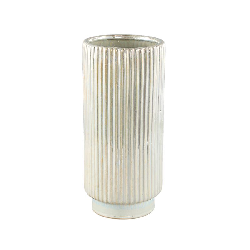 Foto van Ptmd eviera pearl shiny glazed ceramic pot ribbed round