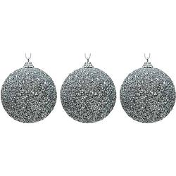 Foto van 3x kerstballen zilveren glitters 8 cm met kralen kunststof kerstboom versiering/decoratie - kerstbal