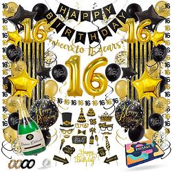 Foto van Fissaly® sweet 16 jaar zwart & goud verjaardag decoratie versiering - helium, latex & papieren confetti ballonnen