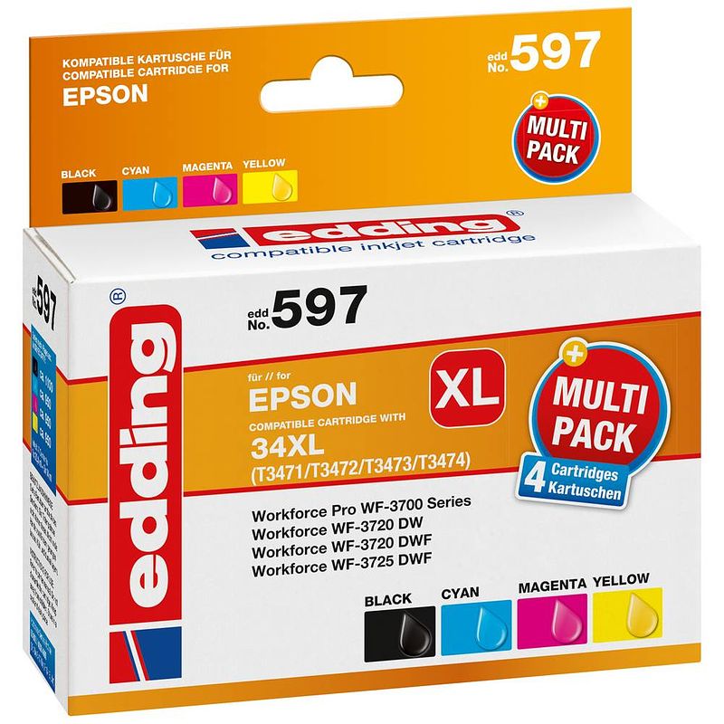 Foto van Edding cartridge vervangt epson 34xl /t3471/t3472/t3473/t3474 compatibel combipack zwart, cyaan, magenta, geel edd-597 18-597