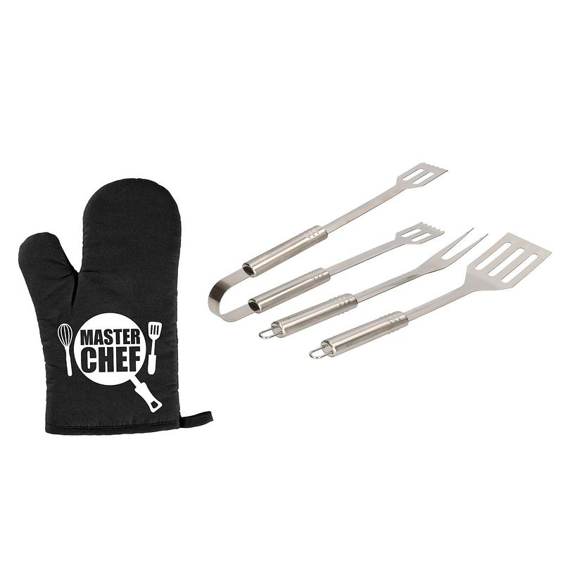 Foto van Barbecue/bbq gereedschap 3-delige set 33 cm van rvs met bbq handschoen masterchef - barbecuegereedschapset