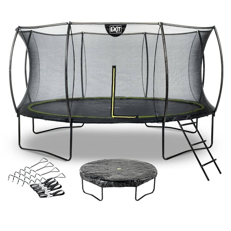 Foto van Exit - trampoline met veiligheidsnet, afdekhoes, ladder en verankeringsset - ø427cm