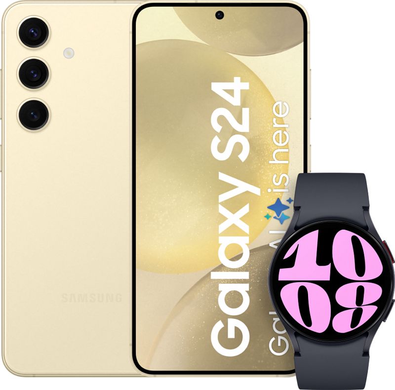 Foto van Samsung galaxy s24 128gb geel 5g + galaxy watch 6 zwart 40mm