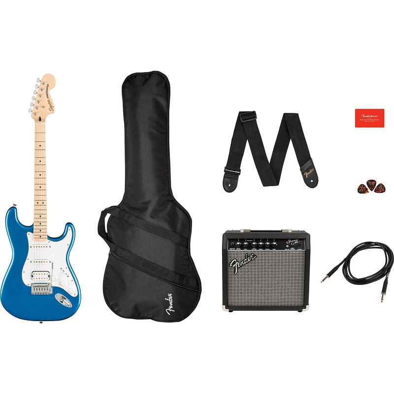 Foto van Squier affinity series stratocaster hss pack mn lake placid blue starterset elektrische gitaar