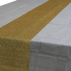 Foto van Zilver tafelkleed 274 x 137 cm met gouden tafelloper met glitters voor de kersttafel - tafellakens