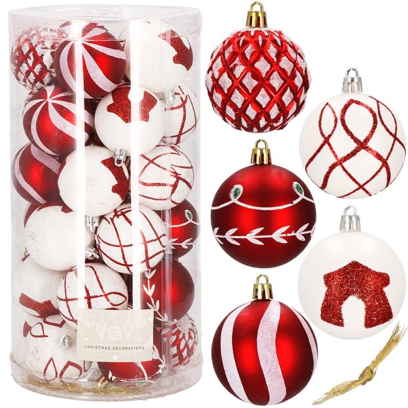 Foto van Kerstballen 30 stuks 6 cm rood/wit