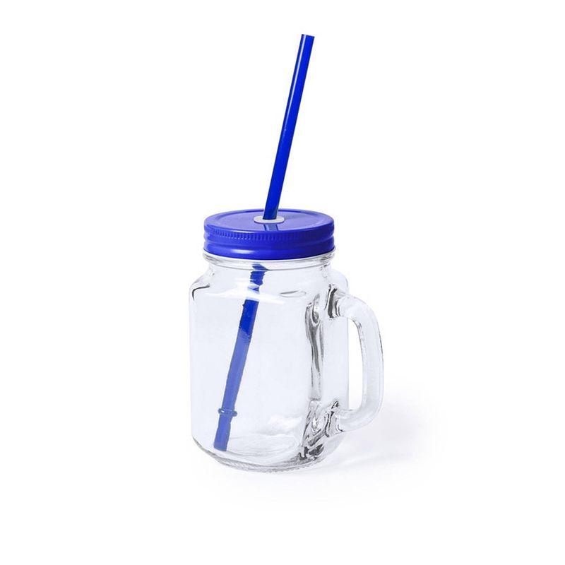 Foto van 1x stuks glazen mason jar drinkbekers blauwe dop/rietje 500 ml - drinkbekers