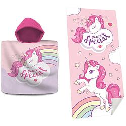 Foto van Set van bad cape/poncho met strand/badlaken voor kinderen met unicorn/eenhoorn print - badcapes