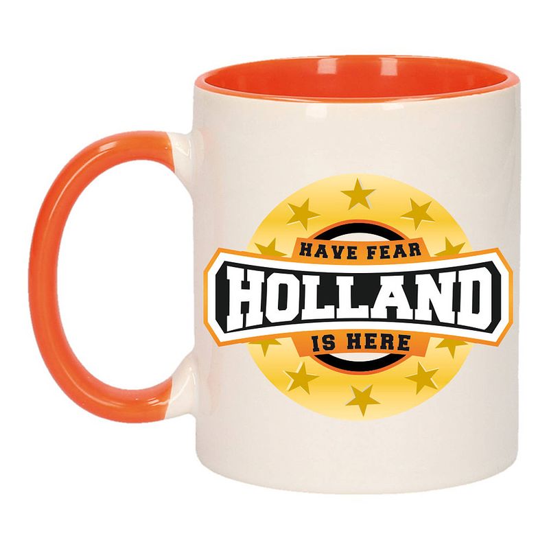 Foto van Have fear holland is here mok/ beker oranje wit 300 ml - feest mokken