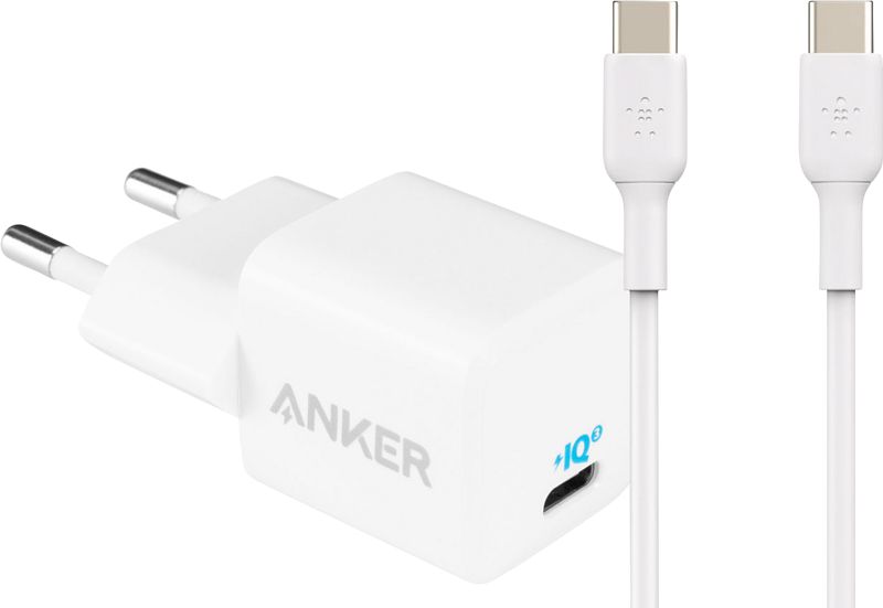 Foto van Anker power delivery oplader 20w + belkin usb c kabel 2m kunststof wit