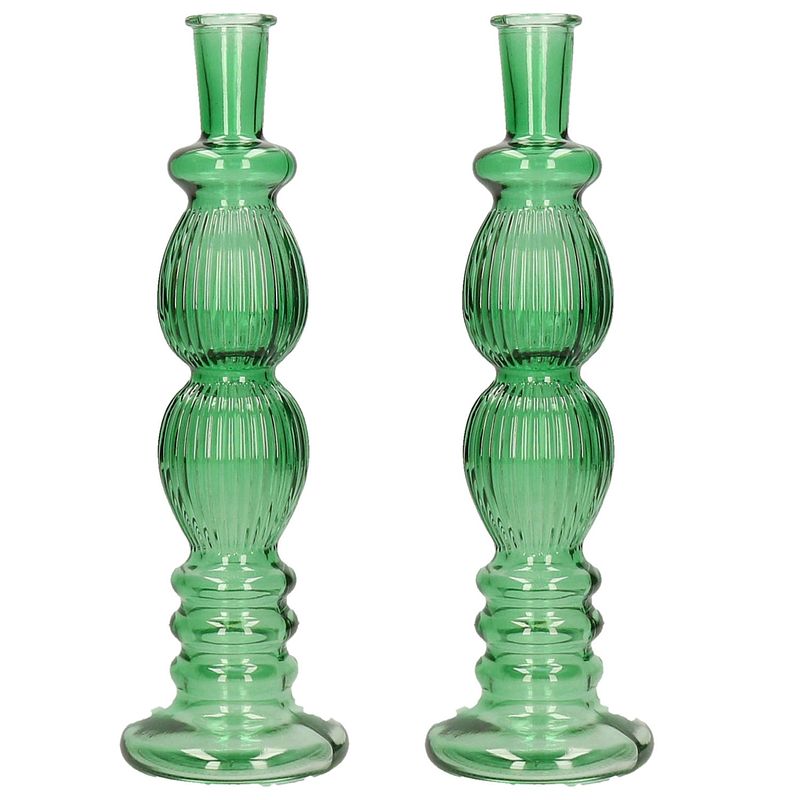 Foto van Ideas 4 seasons bloemenvaas florence - 2x - groen glas - ribbel - d9 x h28 cm - vazen