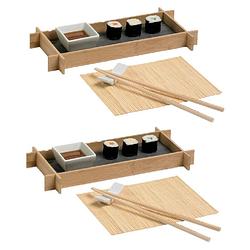 Foto van 2x stuks bamboe sushi serveerset voor 1 persoon 6-delig - serveerschalen