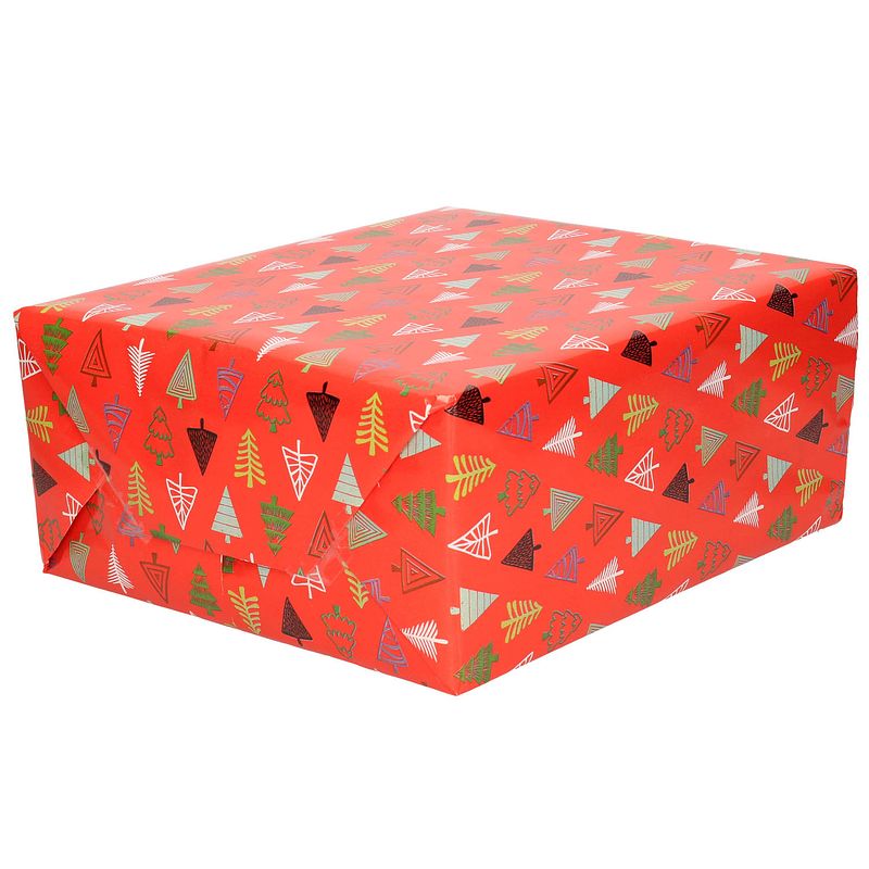 Foto van 1x rollen inpakpapier/cadeaupapier kerst print rood/gekleurde kerstbomen 250 x 70 cm luxe kwaliteit - cadeaupapier