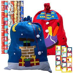 Foto van Sinterklaas geschenkzakken (2 stuks), incl. 40 naamstickers & 7 rollen cadeaupapier 3 mtr x 70 cm