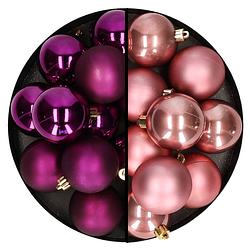 Foto van Kerstballen 24x stuks - mix oudroze en paars - 6 cm - kunststof - kerstbal