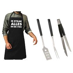 Foto van Bbq/barbecue gereedschap set 3-delig rvs met zwart schort ik steak alles in de fik! - barbecuegereedschapset