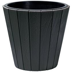 Foto van Prosperplast plantenpot/bloempot wood style - buiten/binnen - kunststof - antraciet - d30 x h28 cm - plantenpotten