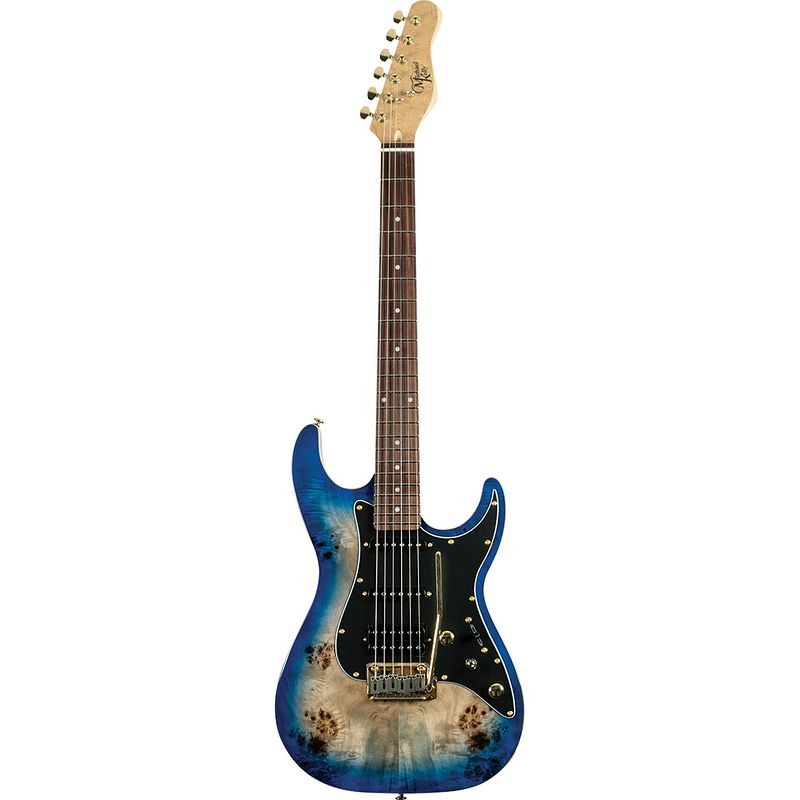 Foto van Michael kelly burl 60 ultra blue burl burst elektrische gitaar met epic eleven mod