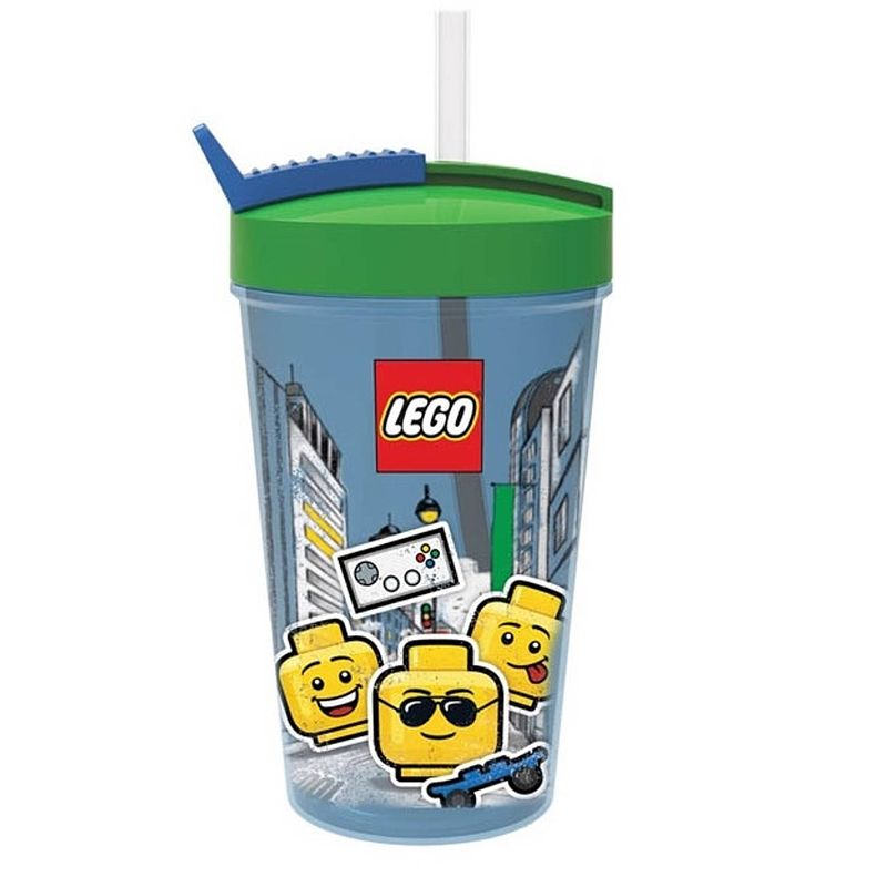 Foto van Lego - set van 2 - drinkfles iconic boy met rietje 0.5 l, blauw - lego