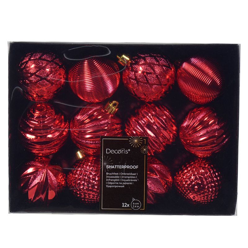 Foto van Decoris luxe kerstballen 12x - 6 cm - kunststof -rood - kerstbal