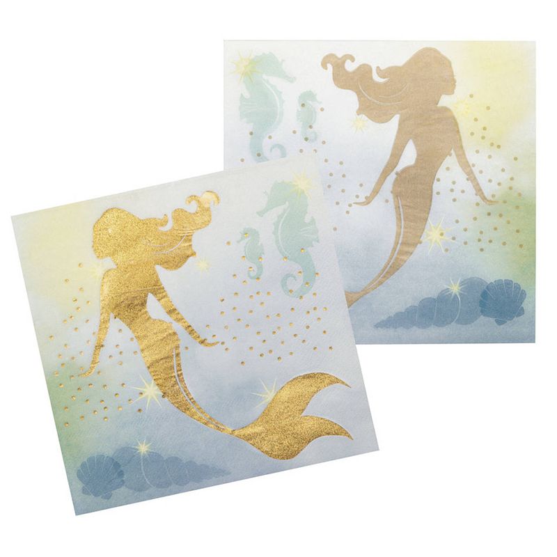 Foto van 12x zeemeermin/oceaan themafeest servetten goud 33 x 33 cm - feestservetten