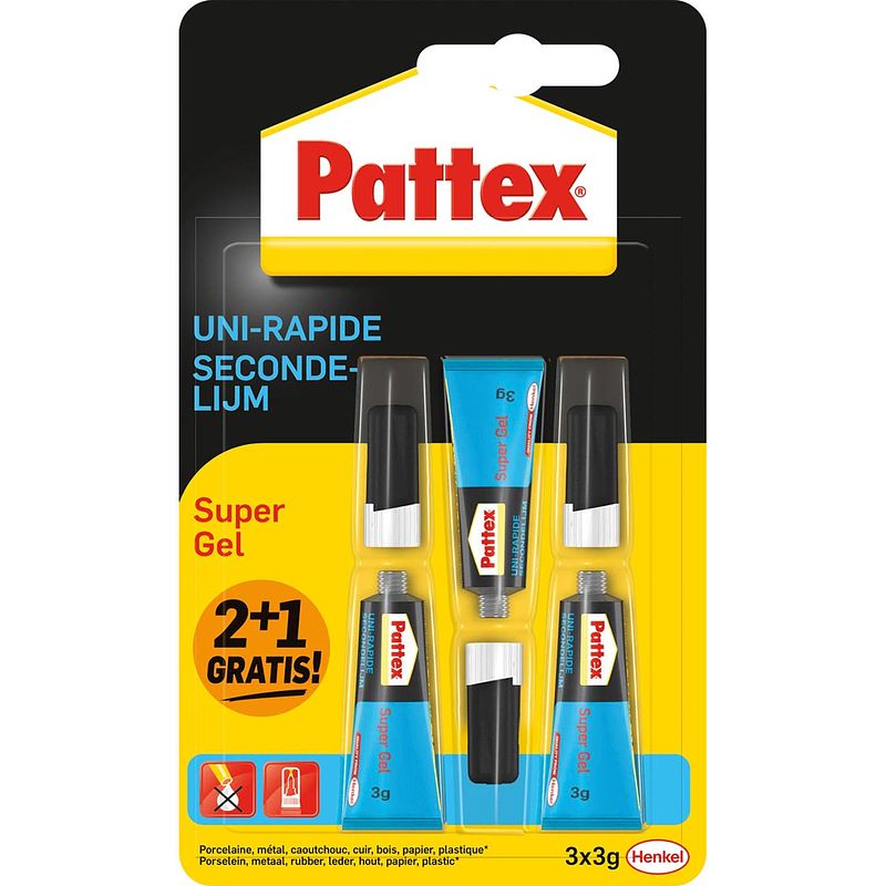 Foto van Pattex super gel secondelijm, 3 g, 2 + 1 gratis, op blister 12 stuks