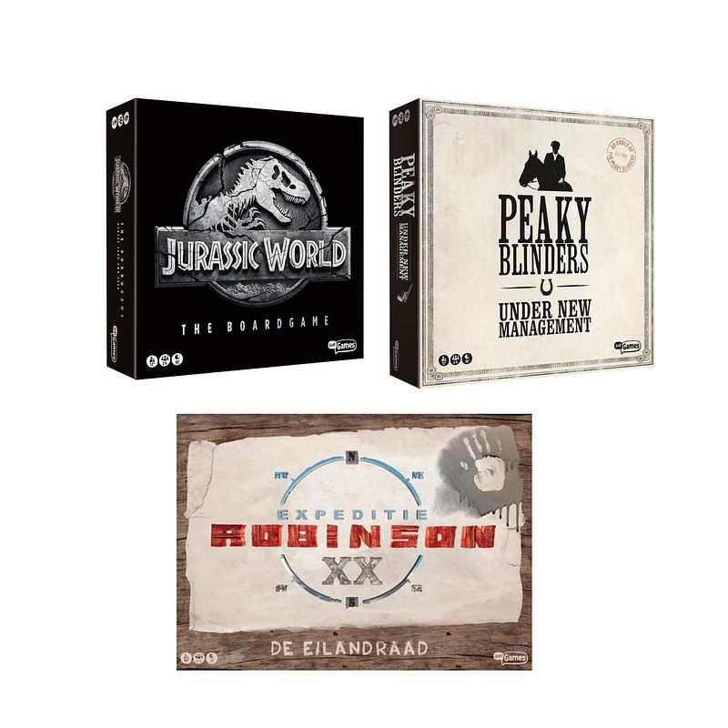 Foto van Spellenset - 3 stuks - jurassic world the boardgame & peaky blinders & expeditie robinson de eilandraad