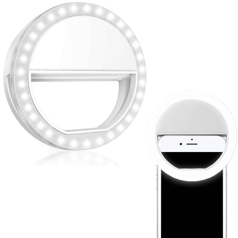 Foto van Basey selfie ring light universeel - selfie ring lamp met clip universeel - selfie ringlight led light op batterij wit