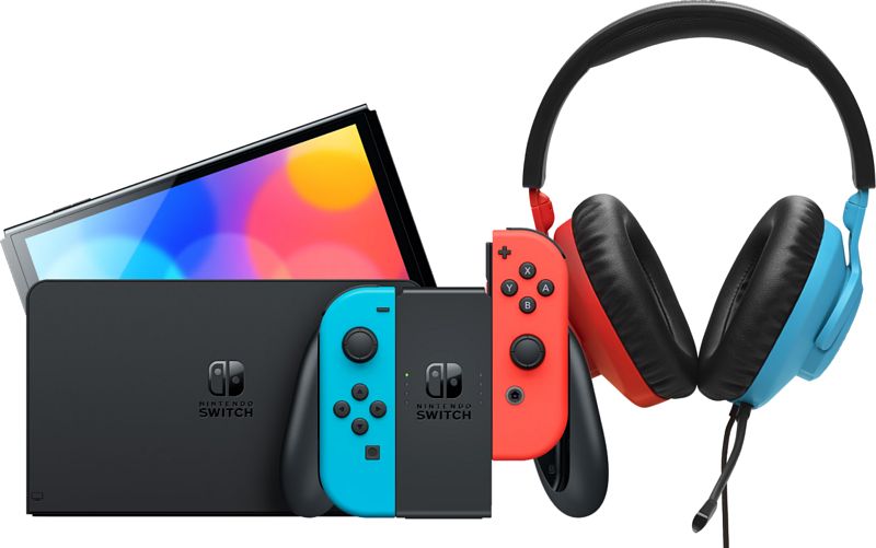 Foto van Nintendo switch oled blauw/rood + jbl quantum 100n