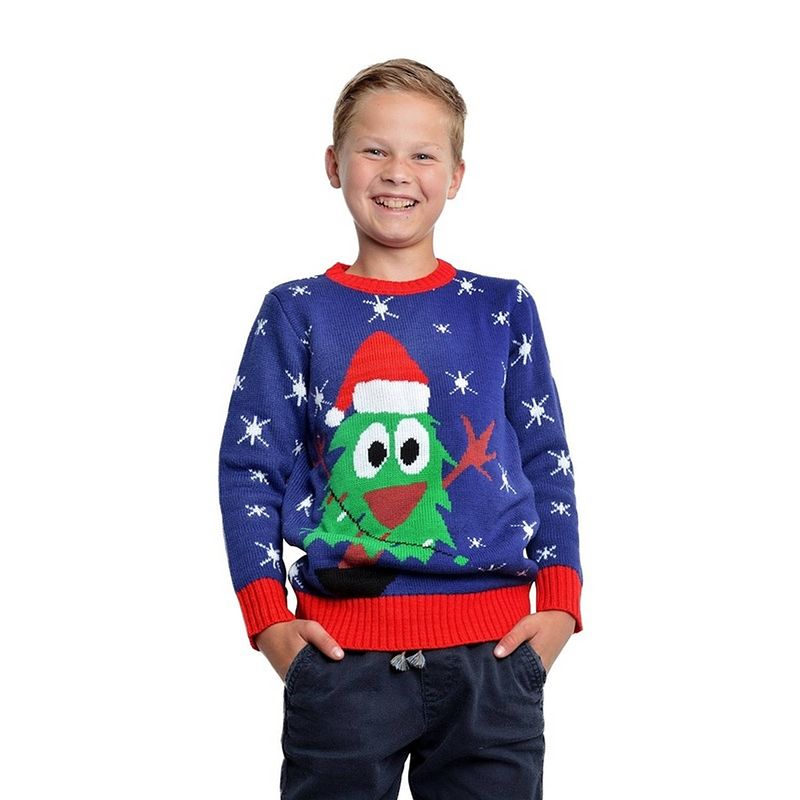 Foto van Blauwe kerst sweater met kerstboom voor kinderen 3/4 jaar (104/110) - kerst truien kind