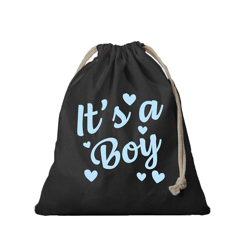 Foto van 1x canvas cadeautasje/ kraamcadeau tasje it's a boy zwart met koord 25 x 30 cm - cadeauverpakking feest