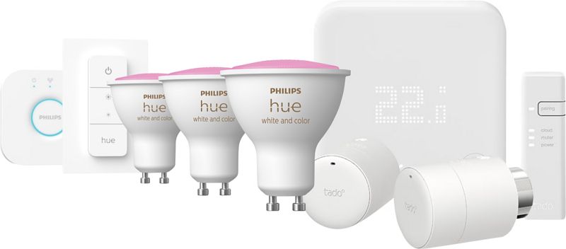 Foto van Tado thermostaat v3+ startpakket + 2 knoppen + philips hue white and color 3-pack gu10