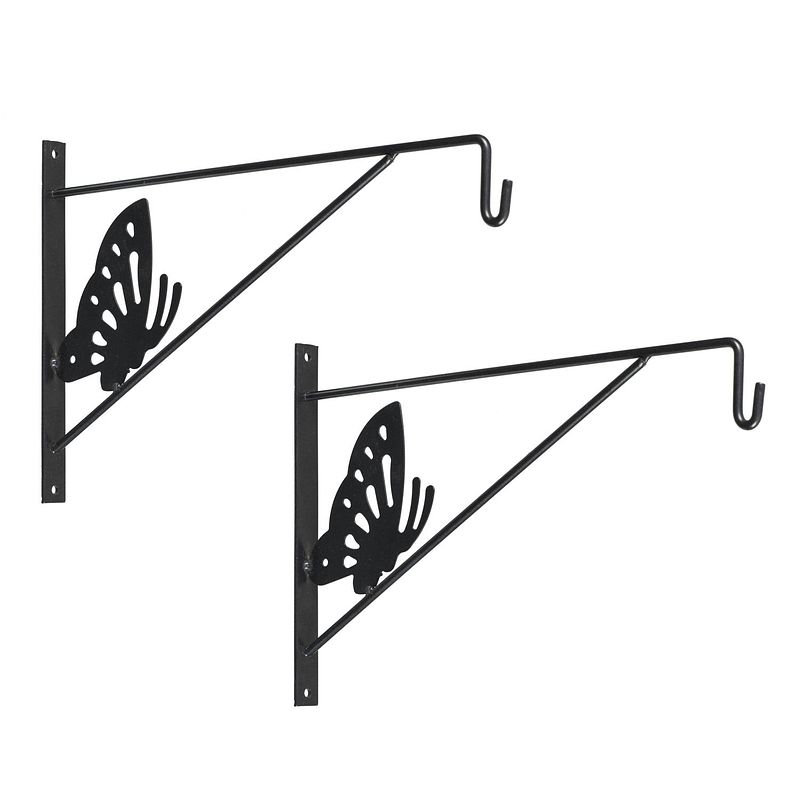 Foto van 2x stuks muurhaak / plantenhaak met vlinder voor hanging basket van verzinkt staal grijs antraciet 35 cm - plantenbakhak